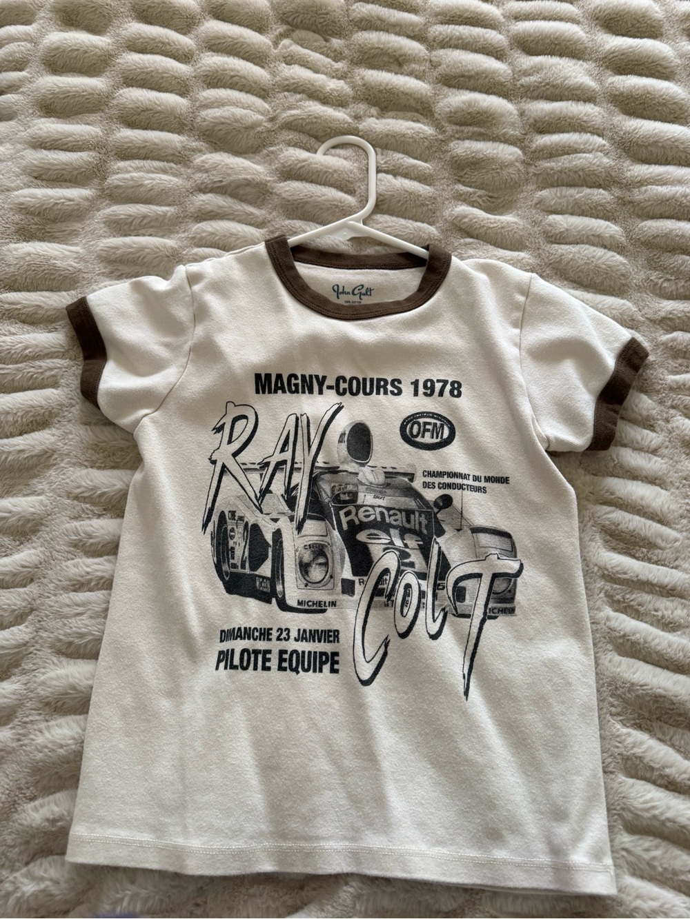 Brandy Melville White Tee with Brown Trim - Racing Graphic